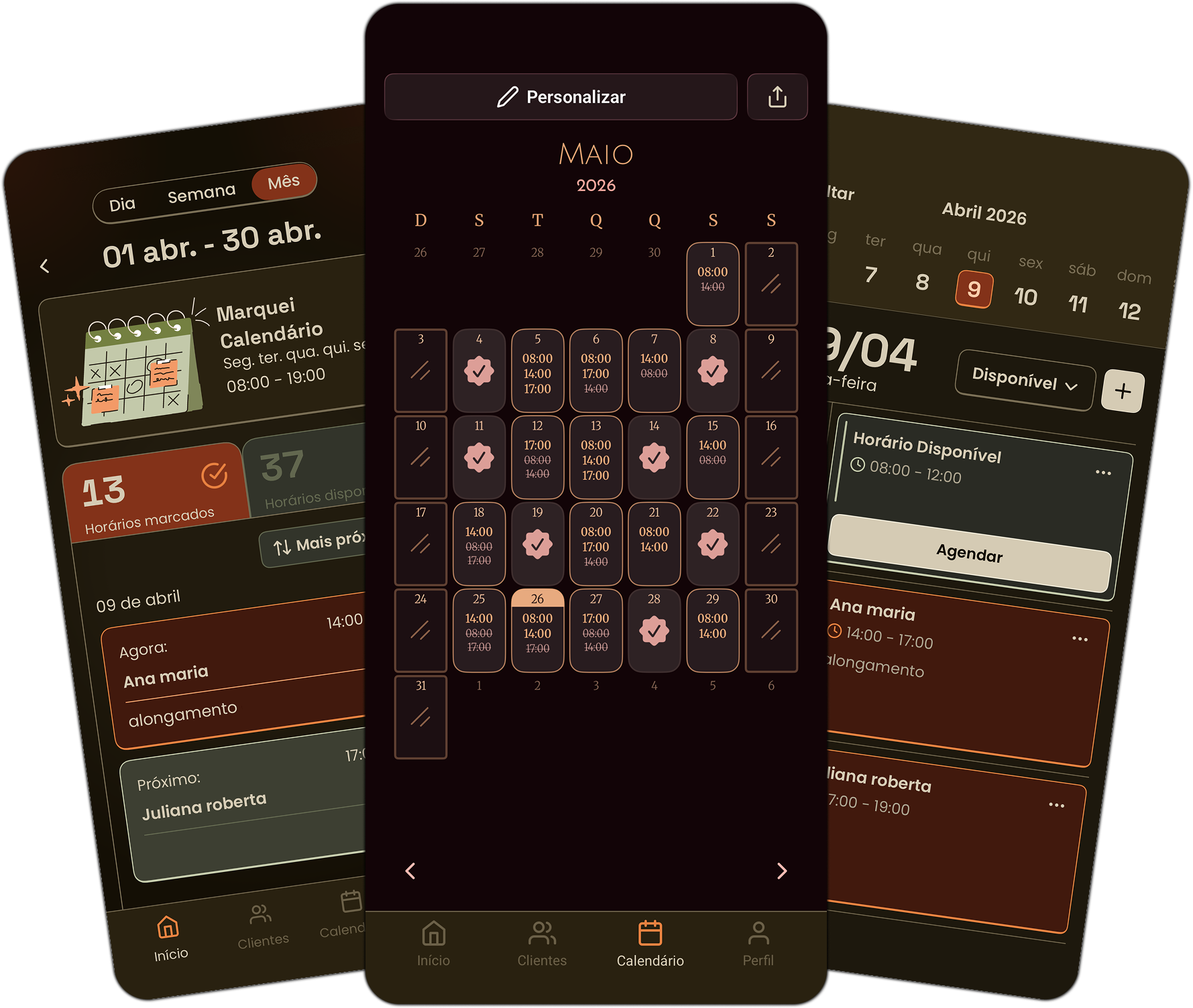 Telas do app Marquei mostrando o calendario, horarios do dia e personalizacao