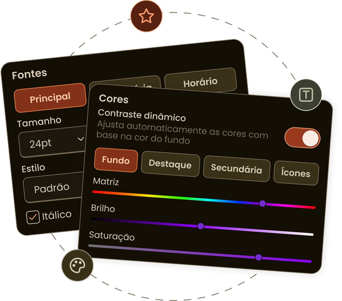 Tela do Marquei mostrando opções de personalização de fonte, cor, horário e ícones