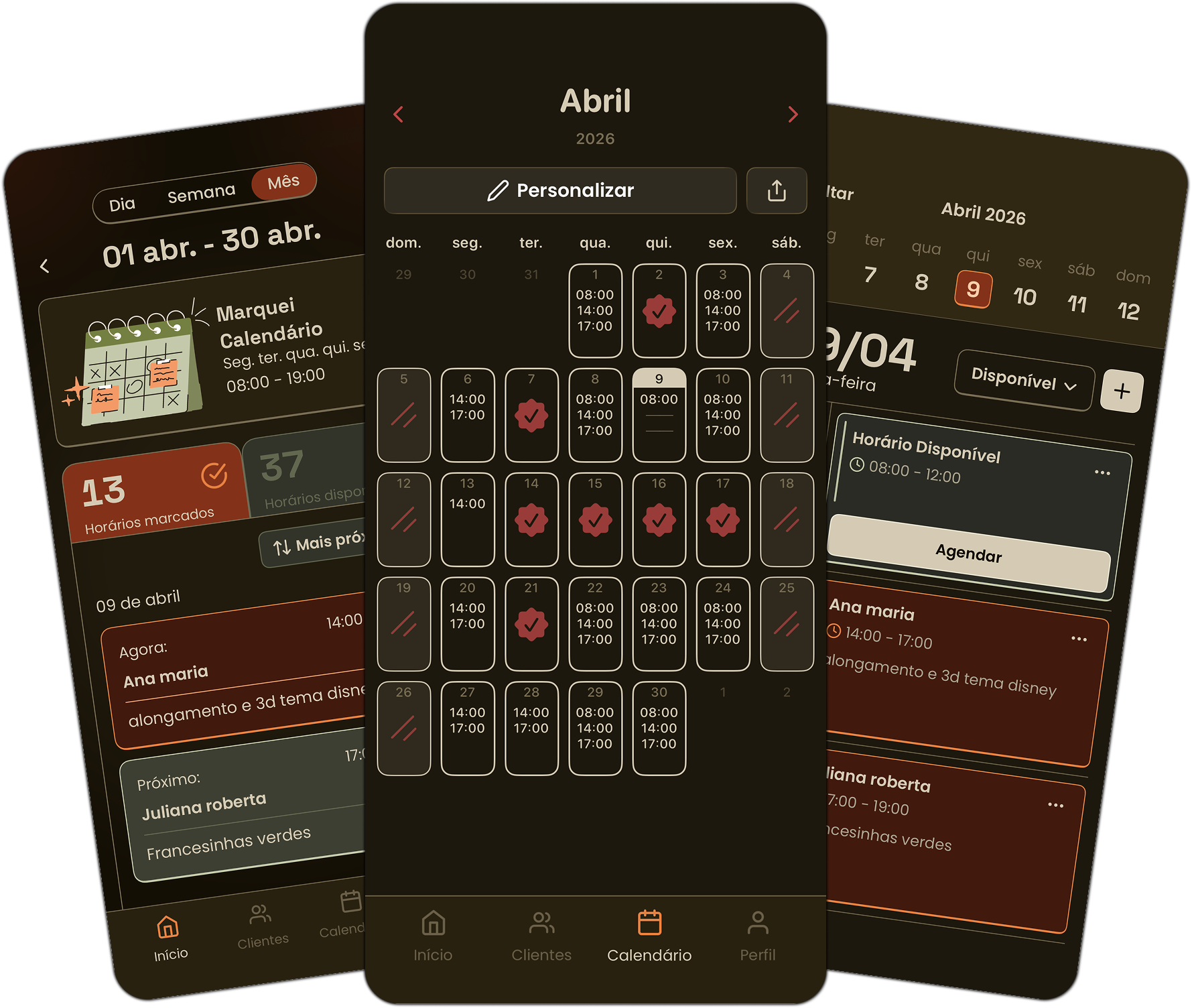 Telas do app Marquei mostrando o calendario, horarios do dia e personalizacao
